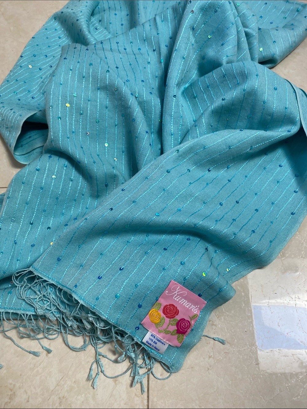 Kumari’s Cashmere Scarf Shawl Sequinned 36 X 84” Blue/ Green